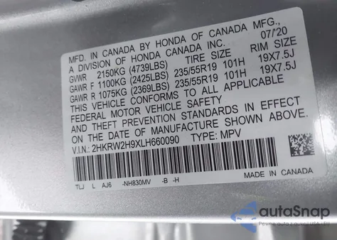 2020 Honda Cr-V Awd Touring z USA, uszkodzony, nr VIN 2HKRW2H9XLH660090
